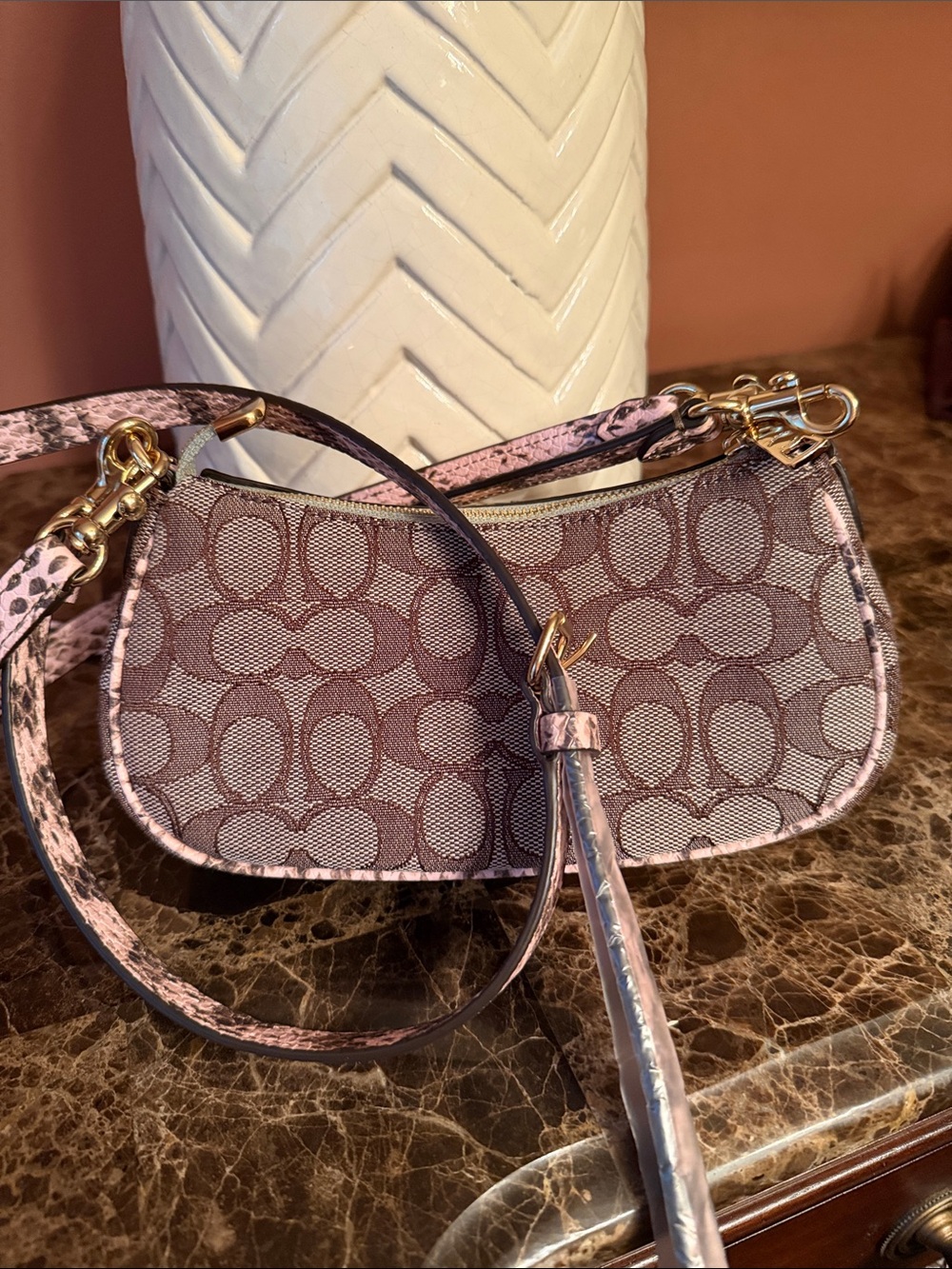 Coach NWT Ashton Mini Crescent Shoulder Bag in Pink, Cream & Yellow Snake-Print - Picture 10 of 16